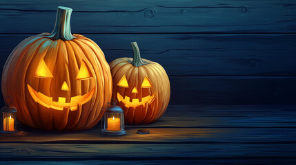 Halloween holiday brings a happy atmosphere as jack-o'-lanterns with smiling faces become the centerpiece of festive decorations, creating a cheerful background with their warm glow.