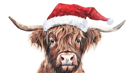 Sticker - A festive Highland cow wearing a Santa hat, embodying a cheerful holiday spirit.