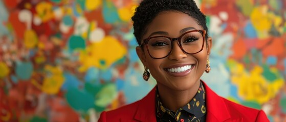 Smiling Black Woman in Glasses Against Abstract Art Background