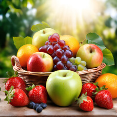 Apples, oranges, strawberries, grapes, shine muskets, kiwis, green apple with basket realistic images, The background is a natural background with leaves