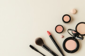 Aufkleber - An elegant display of lipstick, makeup brushes, and powder creates a minimalist beauty setup on a soft light background. Generative AI