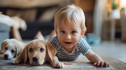 Wall Mural - A joyful child plays on a rug with a puppy, capturing a moment of innocence and companionship.