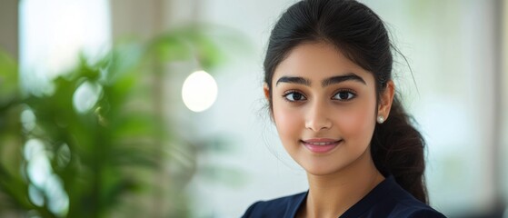 Wall Mural - Close-up Portrait of a Smiling Young Woman with Long Black Hair