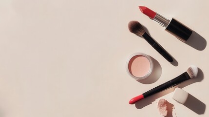 Poster - A stylish collection of cosmetic products including lipstick, brushes, and powder creates a minimalist aesthetic on a light surface. Generative AI