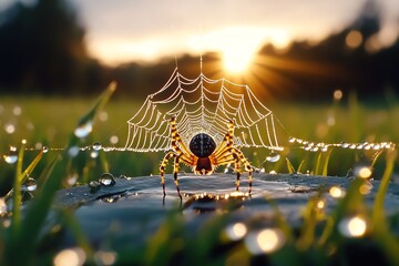 spider spinning a web at dawn, captured in a photo where the dew-covered web glistens in the morning