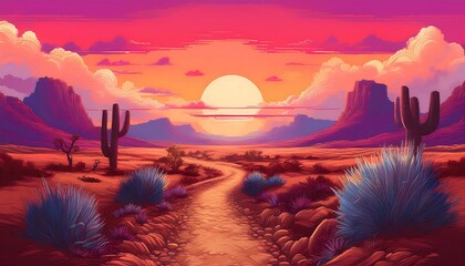 Wall Mural - Pixelated Retro Sunset on a Desert Path - 16-bit artwork featuring a narrow desert path. Game design asset. Graphic art 8 bit illustration