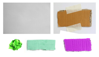 Set of ripped paper texture on white background.