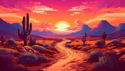 Wall Mural - Pixelated Retro Sunset on a Desert Path - 16-bit artwork featuring a narrow desert path. Game design asset. Graphic art 8 bit illustration background