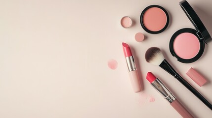 Poster - A collection of cosmetic products is neatly arranged on a light background, showcasing lipstick, makeup brushes, and powder. Generative AI