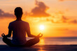 © HDP-STUDIO - A tranquil scene of a person meditating at sunset, surrounded by calm waters and a beautiful sky, promoting peace and mindfulness.