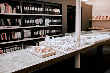 Poster - Office, room and architecture with model in 3d for building design, development and urban planning. Empty, space and interior with property prototype for renovation project, infrastructure and detail