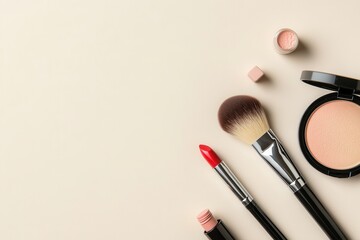 Poster - A clean arrangement of essential cosmetic items features lipstick, makeup brushes, and powder, creating an aesthetically pleasing look. Generative AI