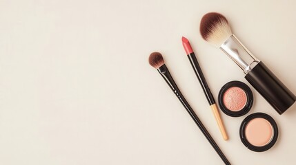 Aufkleber - This minimalist display features essential cosmetic products including lipstick, makeup brushes, and powder on a light background. Generative AI