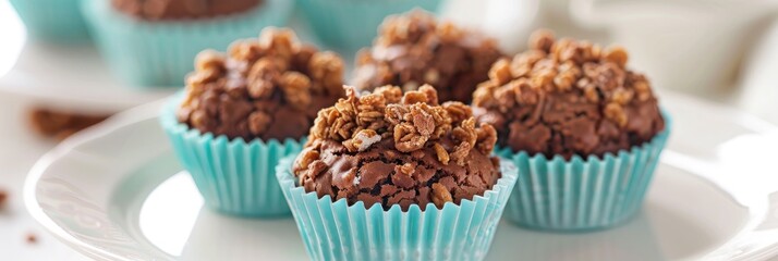 Canvas Print - Chocolate Cornflake Cookies on White Dishes and Chocolate Cornflake Cake in Blue Cupcake Liners