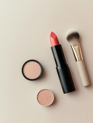 Poster - Cosmetic products including lipstick, a brush, and powder are neatly arranged on a light background, emphasizing minimalist beauty. Generative AI