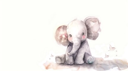 Poster - A cute, watercolor-style illustration of a baby elephant sitting, evoking a sense of innocence and playfulness.