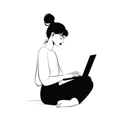 Young woman working on a laptop in a minimalist black and white illustration.