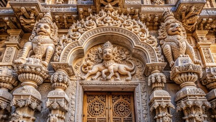 Intricately crafted stone carvings adorn an ancient temple's facade, showcasing delicate floral patterns, majestic lions, and mythical creatures amidst ornate archways and pillars.