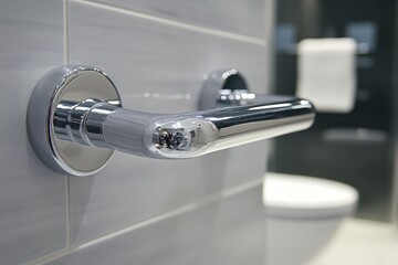 Close-up of a shiny chrome grab bar. Perfect for accessibility or bathroom safety design.