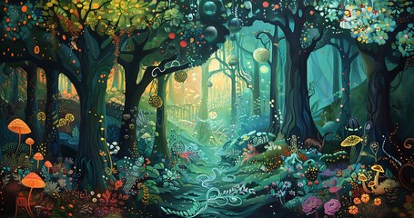 Wall Mural - A vibrant, enchanted forest scene filled with colorful plants, mushrooms, and whimsical light effects.