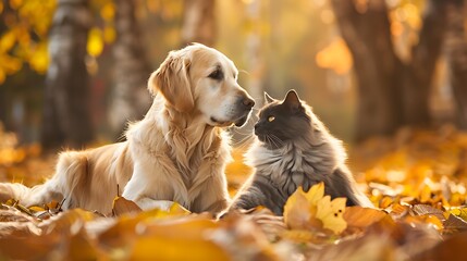 Wall Mural - A golden retriever and a gray cat share a moment in a serene autumn setting with fallen leaves.