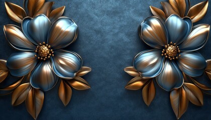 Two Metallic Flowers with Gold Leaves on a Dark Blue Background