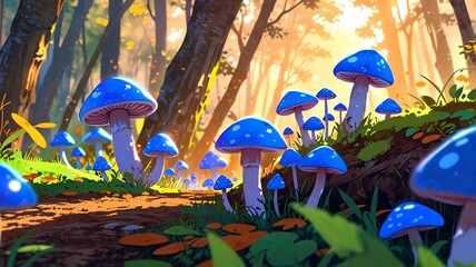 Wall Mural - Enchanted Forest: A Path of Blue Mushrooms