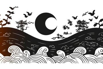 Canvas Print - Yin Yang Landscape with Moon and Waves