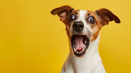 Sticker - A surprised dog with an open mouth against a yellow background.