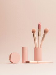 Poster - A stylish arrangement of lipstick, brushes, and powder creates a minimalist aesthetic on a soft light background. Generative AI