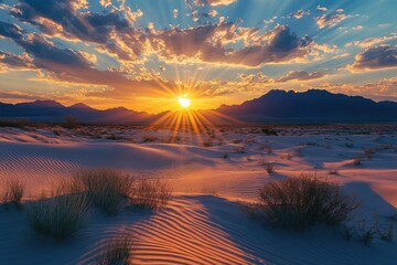 A stunning sunset over a desert landscape. Perfect for illustrating themes of beauty, nature, and the vastness of the world.