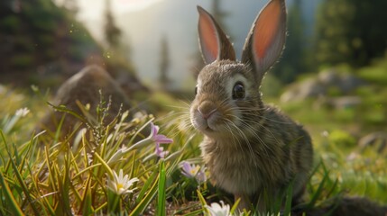 Rabbit closeup with natural landscape generative ai