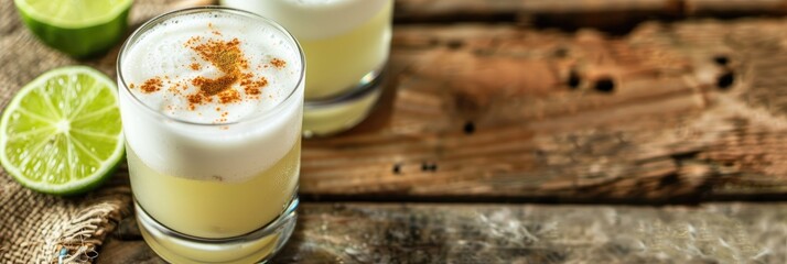 Poster - Classic Pisco Sour Cocktail on a Wooden Surface