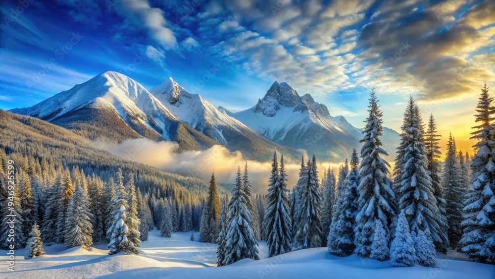 Majestic snow-capped mountain peaks rise above a serene valley ...