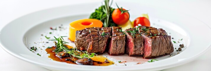 Poster - Plated and garnished Beef Blade Steak on a white background