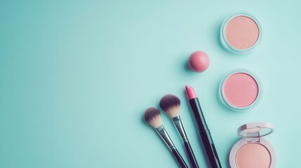 Aufkleber - A stylish display features lipstick, makeup brushes, and powder, set against a light background, emphasizing modern beauty essentials. Generative AI