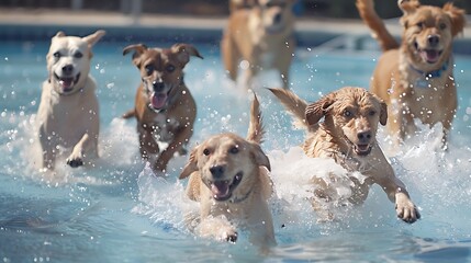 A joyful scene of dogs splashing in a pool, showcasing their playful nature and love for water.