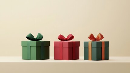 Aufkleber - Three colorful, minimalist Christmas gift boxes sit on a shelf, adorned with vibrant ribbons and bows, showcasing geometric designs. Generative AI