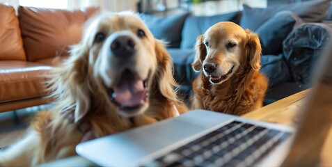 Poster - Two golden retrievers sitting near a laptop, creating a cozy and playful atmosphere at home.