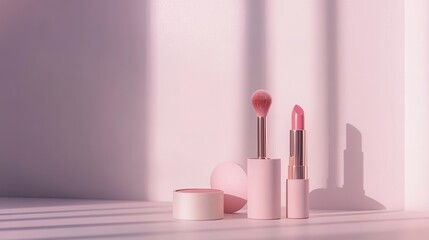 Poster - A serene display showcases a lipstick, makeup brushes, and powder, beautifully arranged on a light surface with gentle shadows. Generative AI