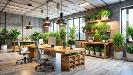 Modern eco-friendly office interior with reclaimed wood desk, potted plants, and energy-efficient lighting, promoting environmentally responsible corporate culture and wellness.