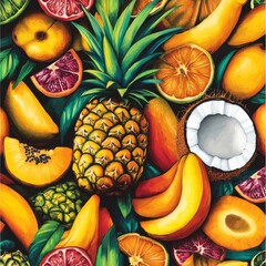 A vibrant seamless pattern featuring tropical fruits like pineapples, mangoes, papayas, and coconuts, illustrated with bold, bright colors. The design is fun, lively