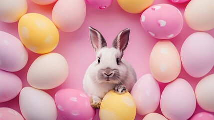 Sticker - A cute rabbit surrounded by colorful Easter eggs on a pink background, celebrating the holiday spirit.