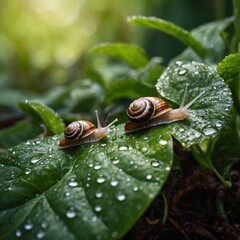 Two snails on wet leaf