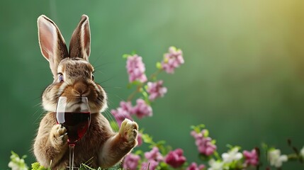 Poster - A rabbit holding a glass of red wine amidst flowers, creating a whimsical and playful scene.