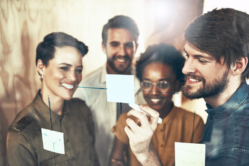 Poster - Happy business people, writing and meeting with team on glass board for mind map or brainstorming at office. Group, young employees and notes for schedule planning, tasks or agenda at workplace