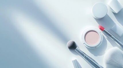 Aufkleber - Cosmetic products including lipstick and makeup brushes are thoughtfully arranged on a light background, showcasing a minimalist aesthetic. Generative AI