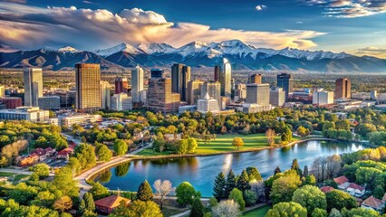 Panoramic aerial view of Denver's vibrant cityscape, showcasing majestic Rocky Mountains, sparkling lakes, and bustling streets lined with modern skyscrapers and historic landmarks.