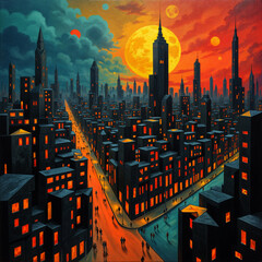 a vibrant cityscape at night, featuring a skyline with a large tower, a busy street filled with people walking and cars driving, and a colorful sunset or sunrise.