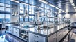 © Four888 - Pristine laboratory setting with rows of gleaming stainless steel equipment, glass beakers, and precision instruments on countertops, under bright fluorescent lighting.
